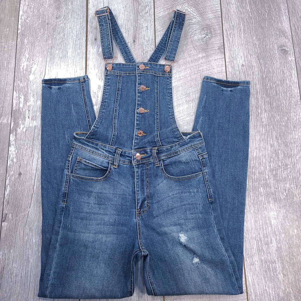 Guess Denim Overalls Women 28 Blue Skinny Distressed Rose Gold Button Front